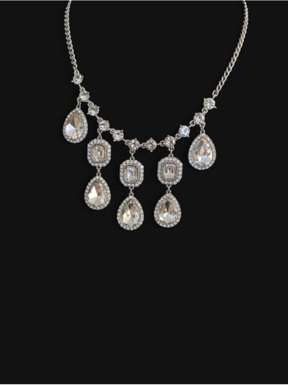 Clear Crystal Teardrop Statement Necklace - Silver Tone - Picture 3 of 5
